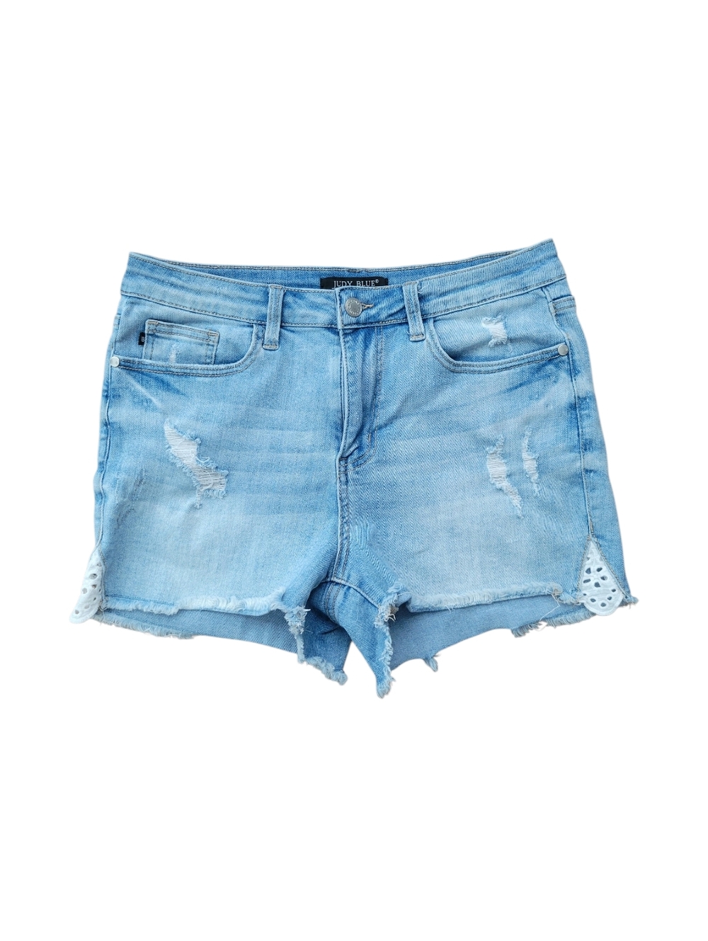 Judy Blue Light Wash Distressed Denim Shorts Eyelet Lace Inset